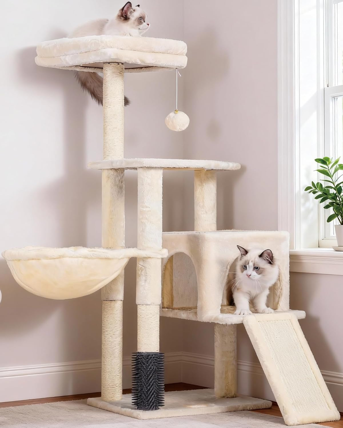 Cat Tree with Self-Grooming Brush, Plush Perch Tower Condo for Indoor Cats, Includes Scratching Post and Basket, Beige HCT005SM
