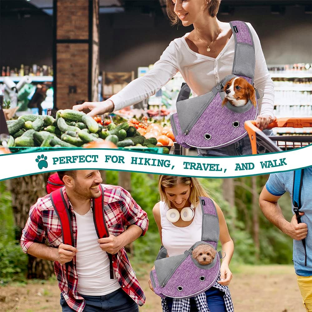 Small Dog Sling Carrier - Adjustable Crossbody Pet Purse for Traveling with Puppies and Medium Cats, Includes Poop Bag Dispenser, Maximum Weight 10 lbs, Purple
