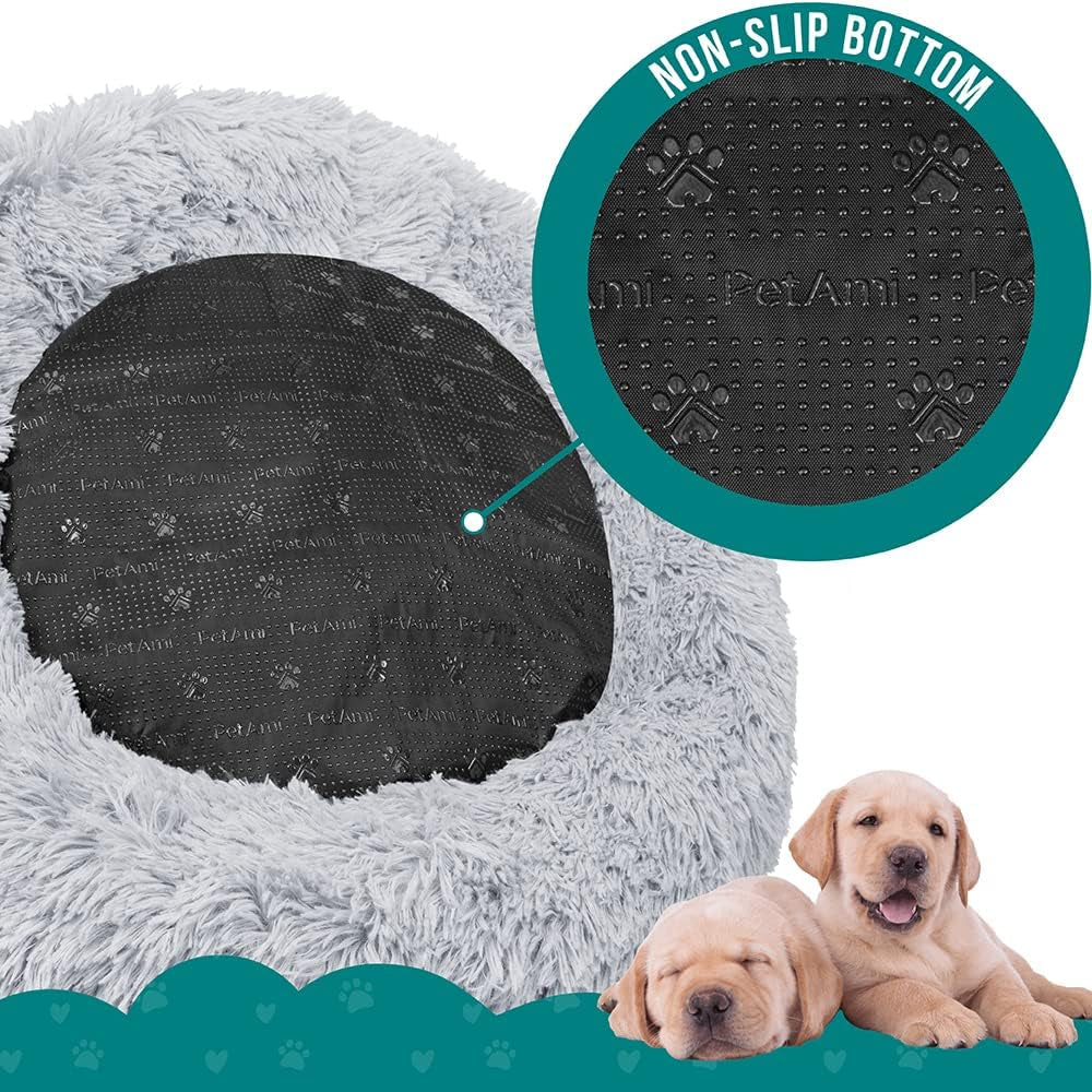 Calming Round Donut Bed for Small and Medium Dogs and Cats, 30-Inch Washable Faux Fur Anti-Anxiety Cuddler with Non-Slip Base - Light Gray