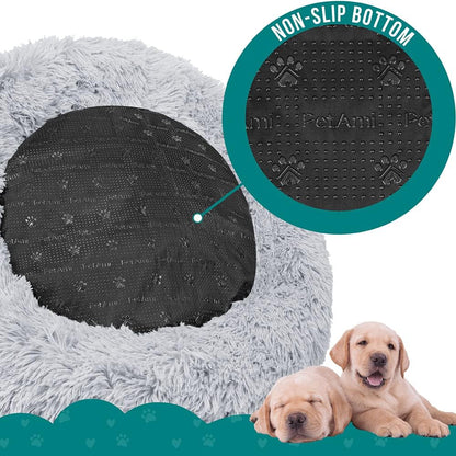 Calming Round Donut Bed for Small and Medium Dogs and Cats, 30-Inch Washable Faux Fur Anti-Anxiety Cuddler with Non-Slip Base - Light Gray