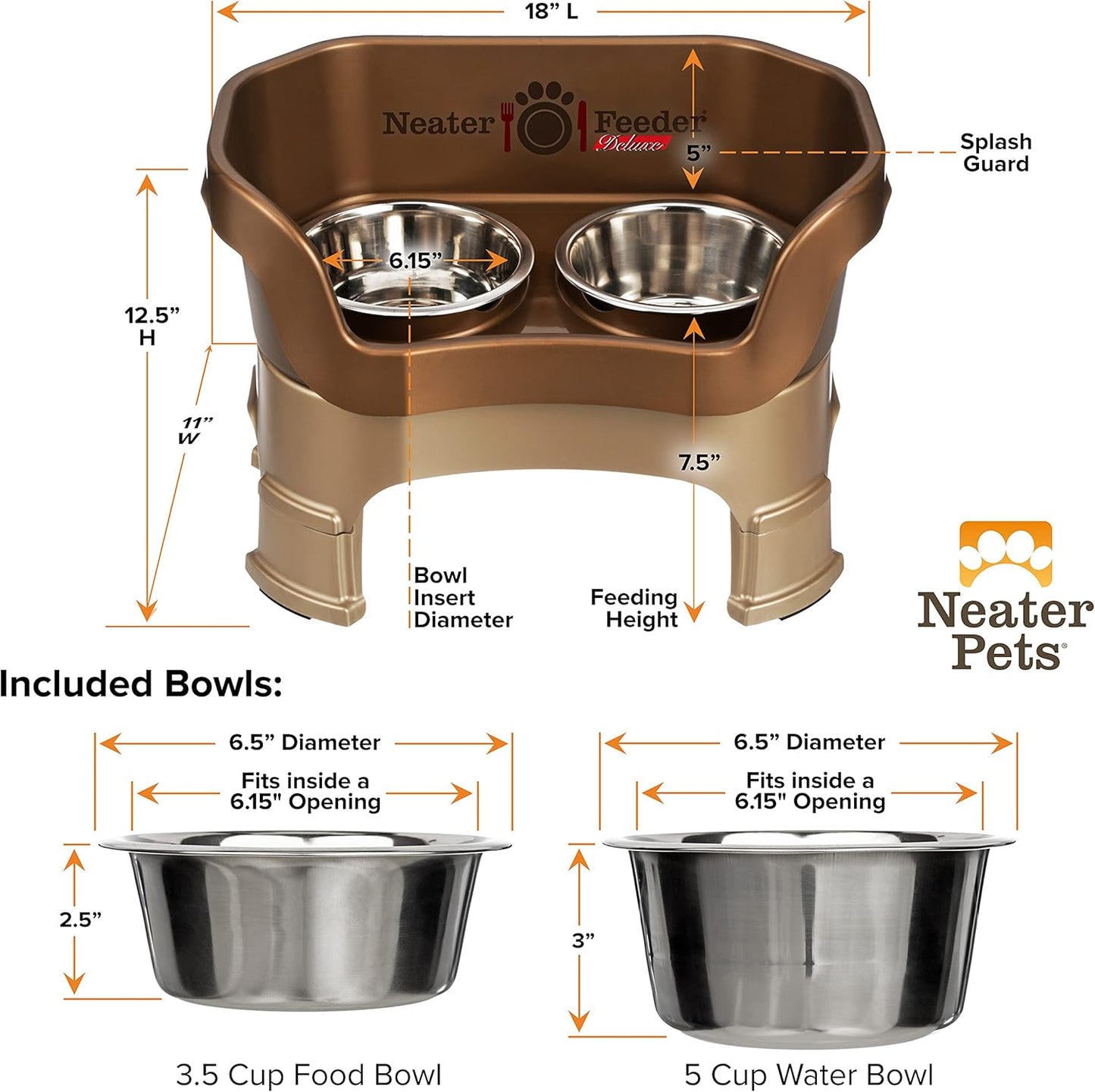 Neater Feeder Deluxe Mess-Proof Elevated Dog Bowls for Medium Dogs (19–40 Lbs), 2 Height Adjustable (10” & 12.5”) No-Spill Raised Dog Bowl Stand, Stainless Steel Food Bowl Set, Made in USA, Bronze