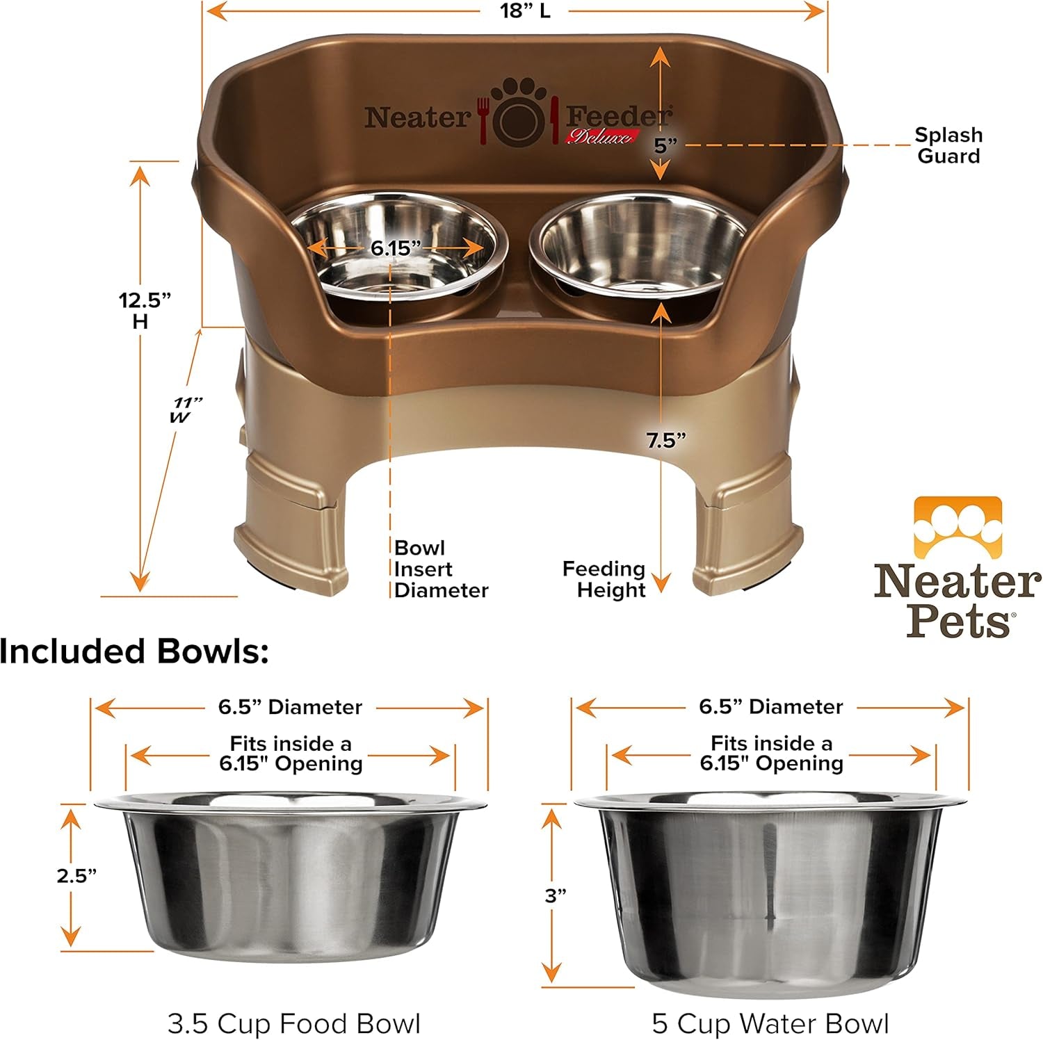 Neater Feeder Deluxe Mess-Proof Elevated Dog Bowls for Medium Dogs (19–40 Lbs), 2 Height Adjustable (10” & 12.5”) No-Spill Raised Dog Bowl Stand, Stainless Steel Food Bowl Set, Made in USA, Bronze