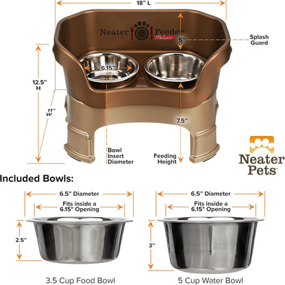 Neater Feeder Deluxe Mess-Proof Elevated Dog Bowls for Medium Dogs (19–40 Lbs), 2 Height Adjustable (10” & 12.5”) No-Spill Raised Dog Bowl Stand, Stainless Steel Food Bowl Set, Made in USA, Bronze