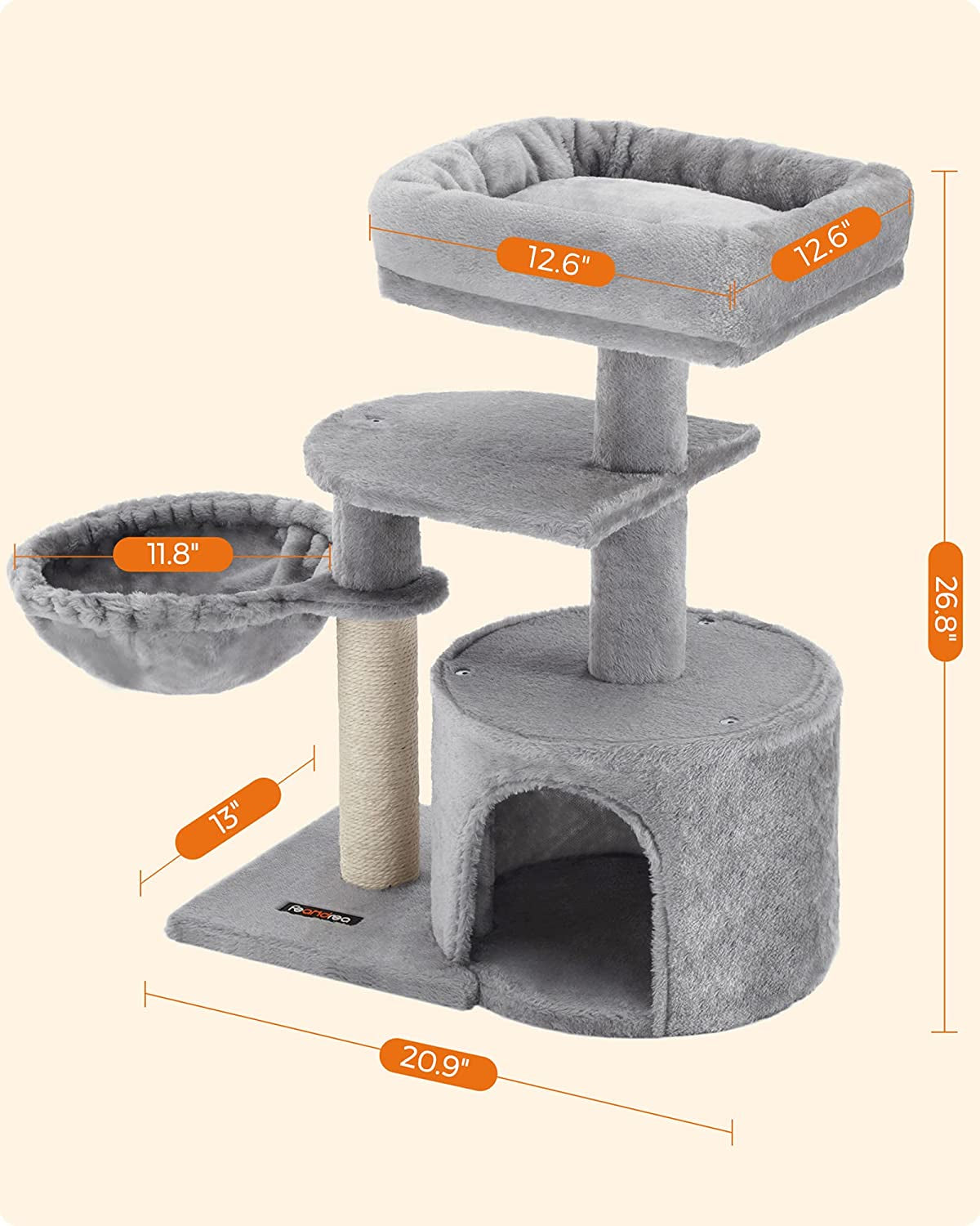 Light Gray Cat Tree and Activity Center with Scratching Post, Basket, and Cave for Small Cats and Kittens - Model UPCT59W