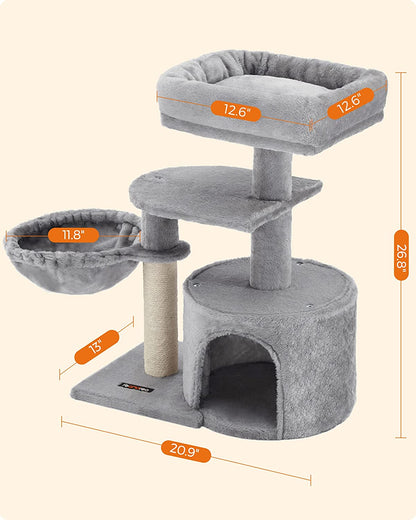 Light Gray Cat Tree and Activity Center with Scratching Post, Basket, and Cave for Small Cats and Kittens - Model UPCT59W