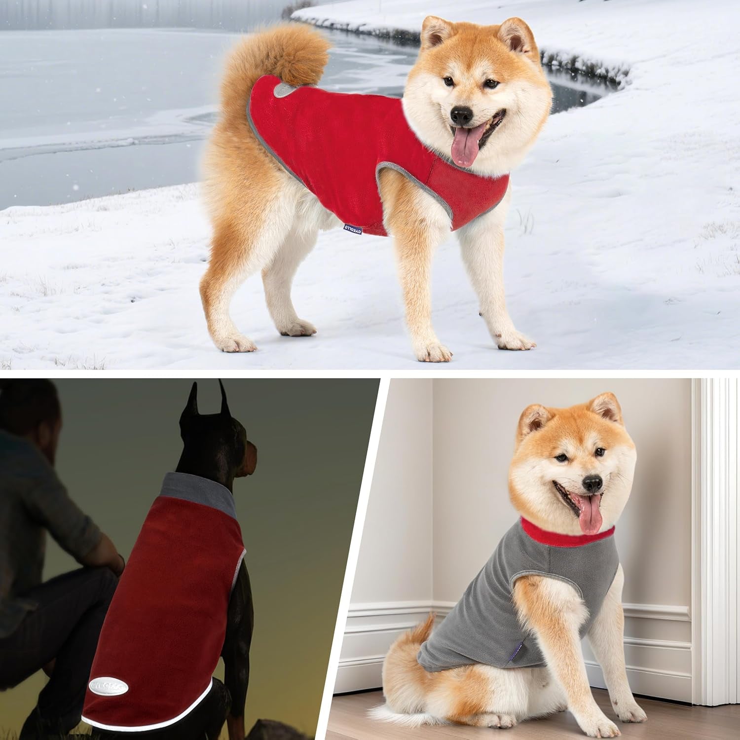 2-Pack Reflective Stripe Dog Fleece Sweatshirts - Stretchy Pullover Jackets for Small Dogs in Red & Grey, Size Medium