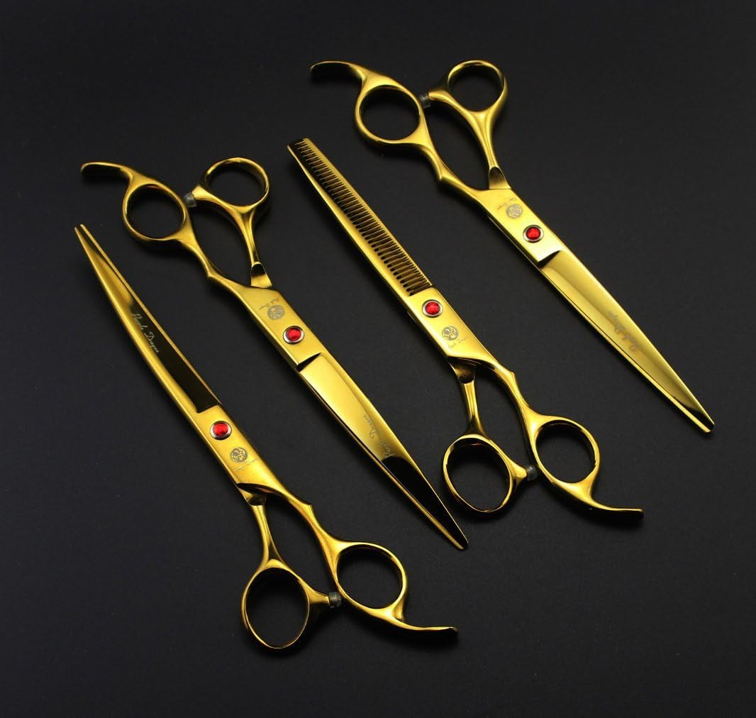Professional 7-Inch Pet Grooming Scissors Set - 4-Piece Kit with Straight, Curved, and Thinning Blades Made from Premium Japanese Steel, Includes Case