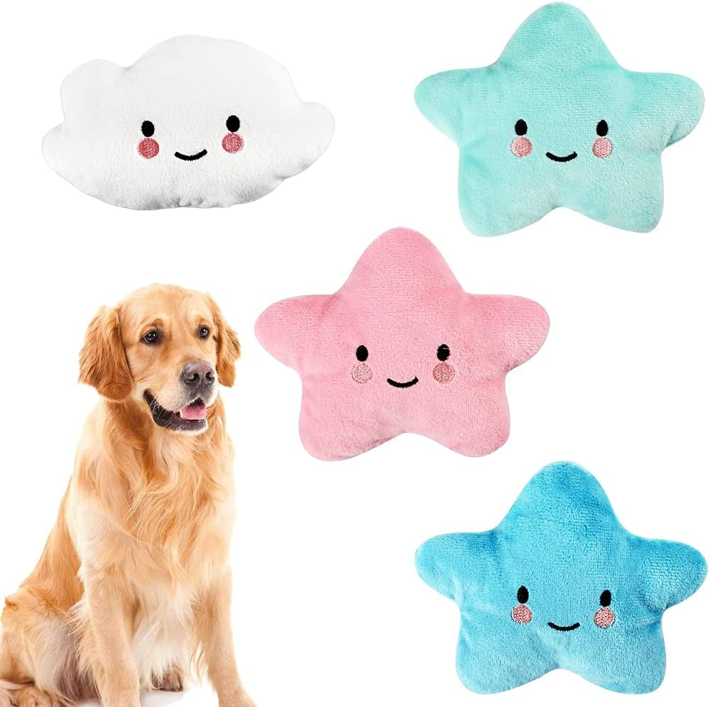 Plush Squeaky Dog Toy Set, 4-Pack - Adorable Star and Cloud Designs for Small to Medium Dogs and Puppies, Dark Color