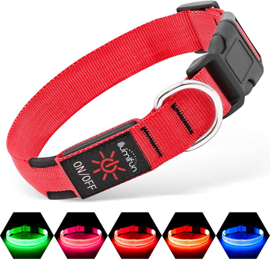 USB Rechargeable LED Dog Collar - Adjustable Glow-in-the-Dark Pet Collar for Nighttime Walks (Red, Medium)