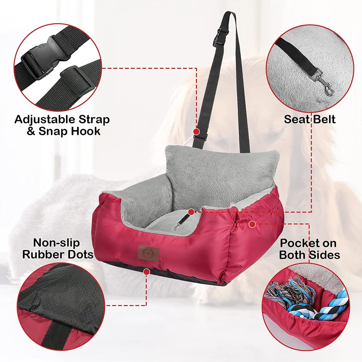 Premium Dog Car Seat for Small Breeds - Cozy, Washable Bed with Storage Pocket and Safety Leash - Portable Travel Booster Carrier