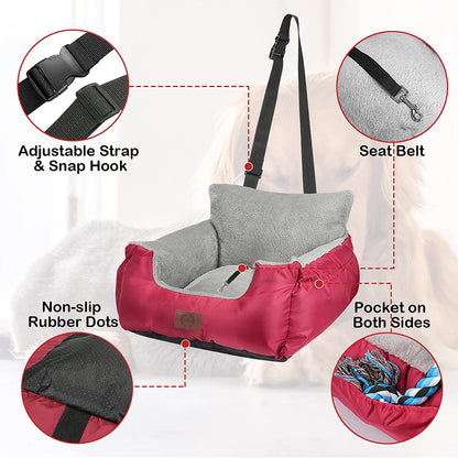Premium Dog Car Seat for Small Breeds - Cozy, Washable Bed with Storage Pocket and Safety Leash - Portable Travel Booster Carrier