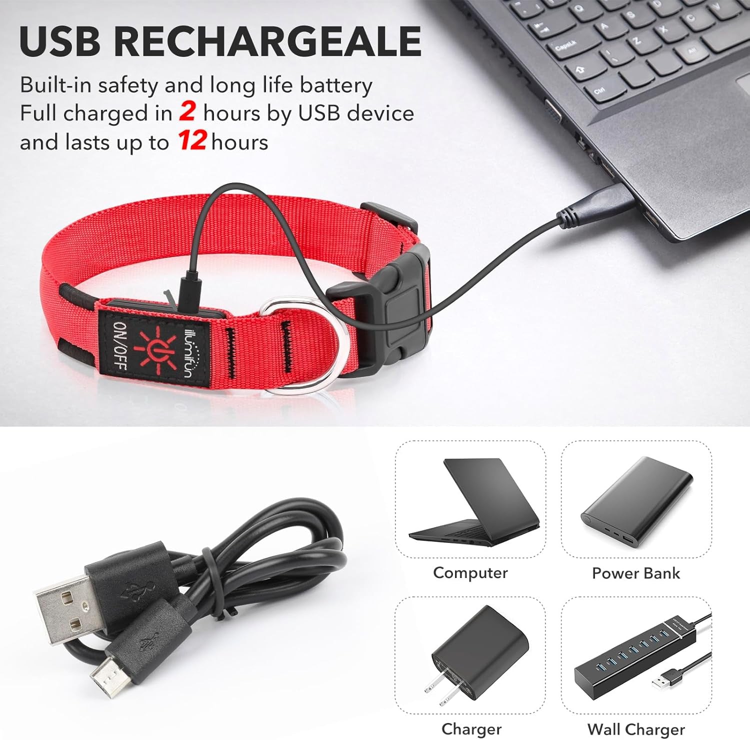 USB Rechargeable LED Dog Collar - Adjustable Glow-in-the-Dark Pet Collar for Nighttime Walks (Red, Medium)