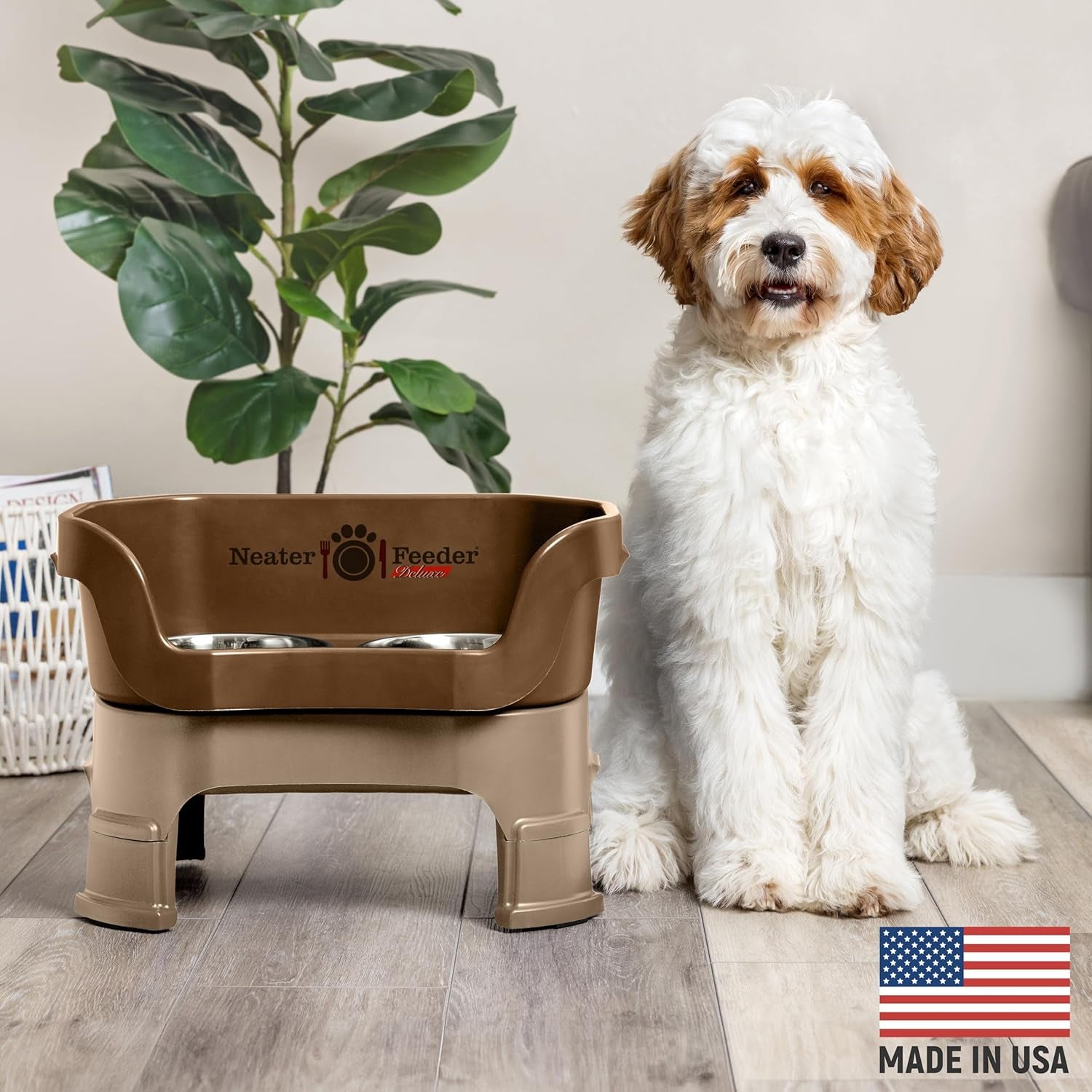 Neater Feeder Deluxe Mess-Proof Elevated Dog Bowls for Medium Dogs (19–40 Lbs), 2 Height Adjustable (10” & 12.5”) No-Spill Raised Dog Bowl Stand, Stainless Steel Food Bowl Set, Made in USA, Bronze