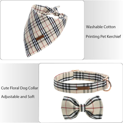 Floral Dog Collar Set with Bow Tie and Bandanas, Adjustable Quick Release Buckle for Comfort and Style