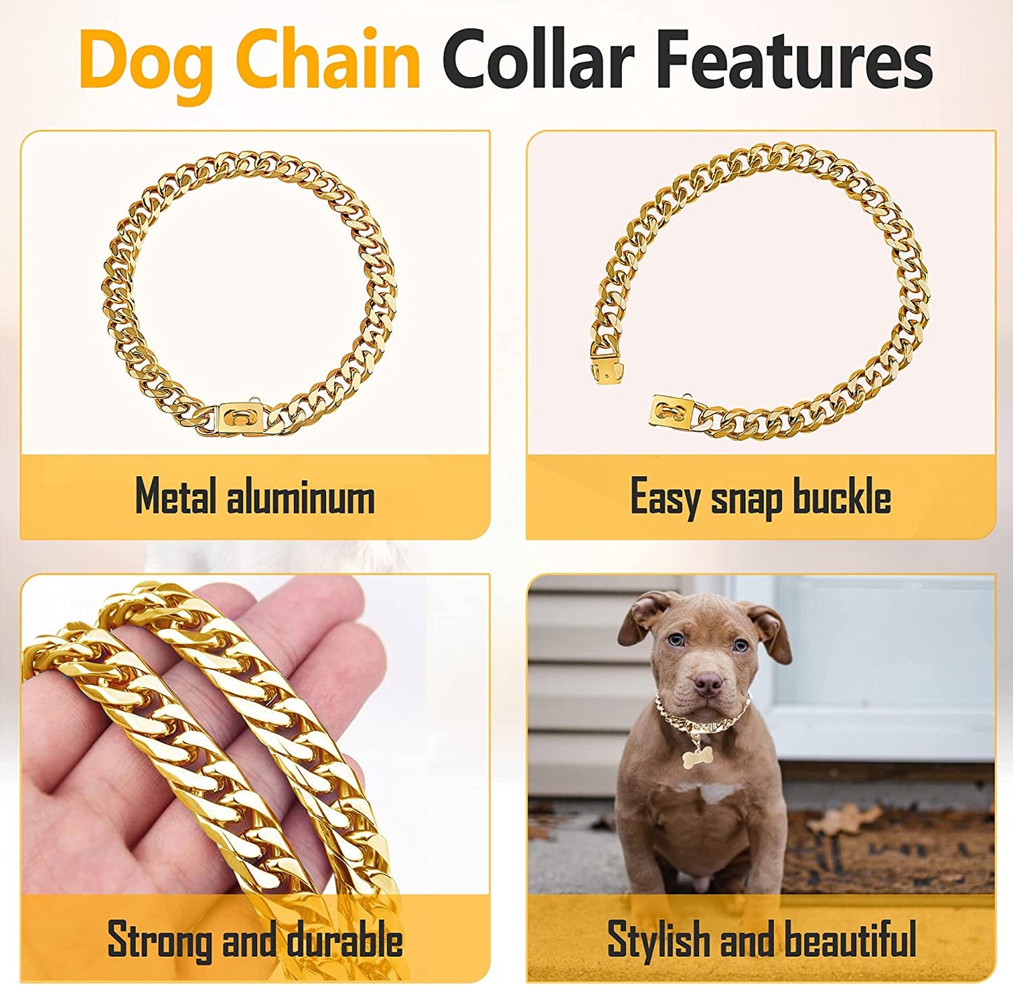 Gold Stainless Steel Cuban Link Dog Collar - 19mm Heavy Duty Chew-Proof Necklace with Buckle for Medium to Large Dogs (16 Inch)