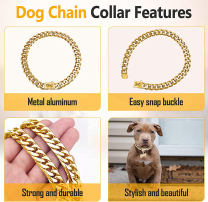 Gold Stainless Steel Cuban Link Dog Collar - 19mm Heavy Duty Chew-Proof Necklace with Buckle for Medium to Large Dogs (16 Inch)