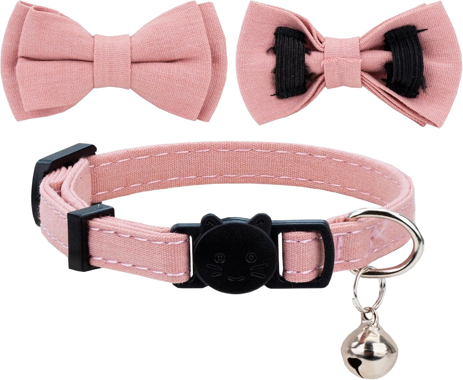 Adjustable Breakaway Cat Collar Set with Bowtie and Bell - Solid Plaid Design - Pink (2 Pieces)