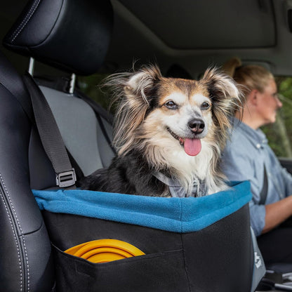 Dog Booster Seat for Secure and Comfortable Travel - Waterproof Exterior, Removable Washable Liner, Harness Strap, Collapsible Design - Rover Style in Black/Blue