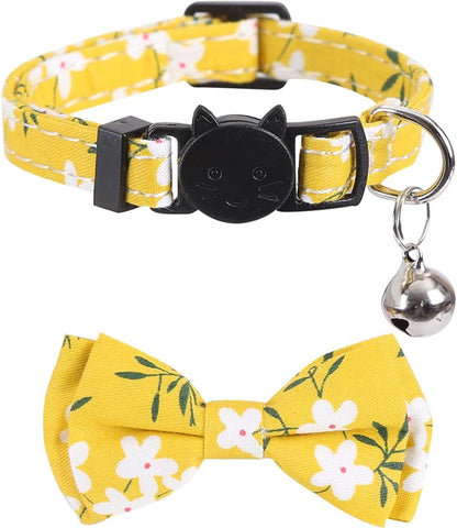 2 Pack/Set Cat Collar Breakaway with Cute Bow Tie and Bell Plaid Flower for Kitty Adjustable Safety