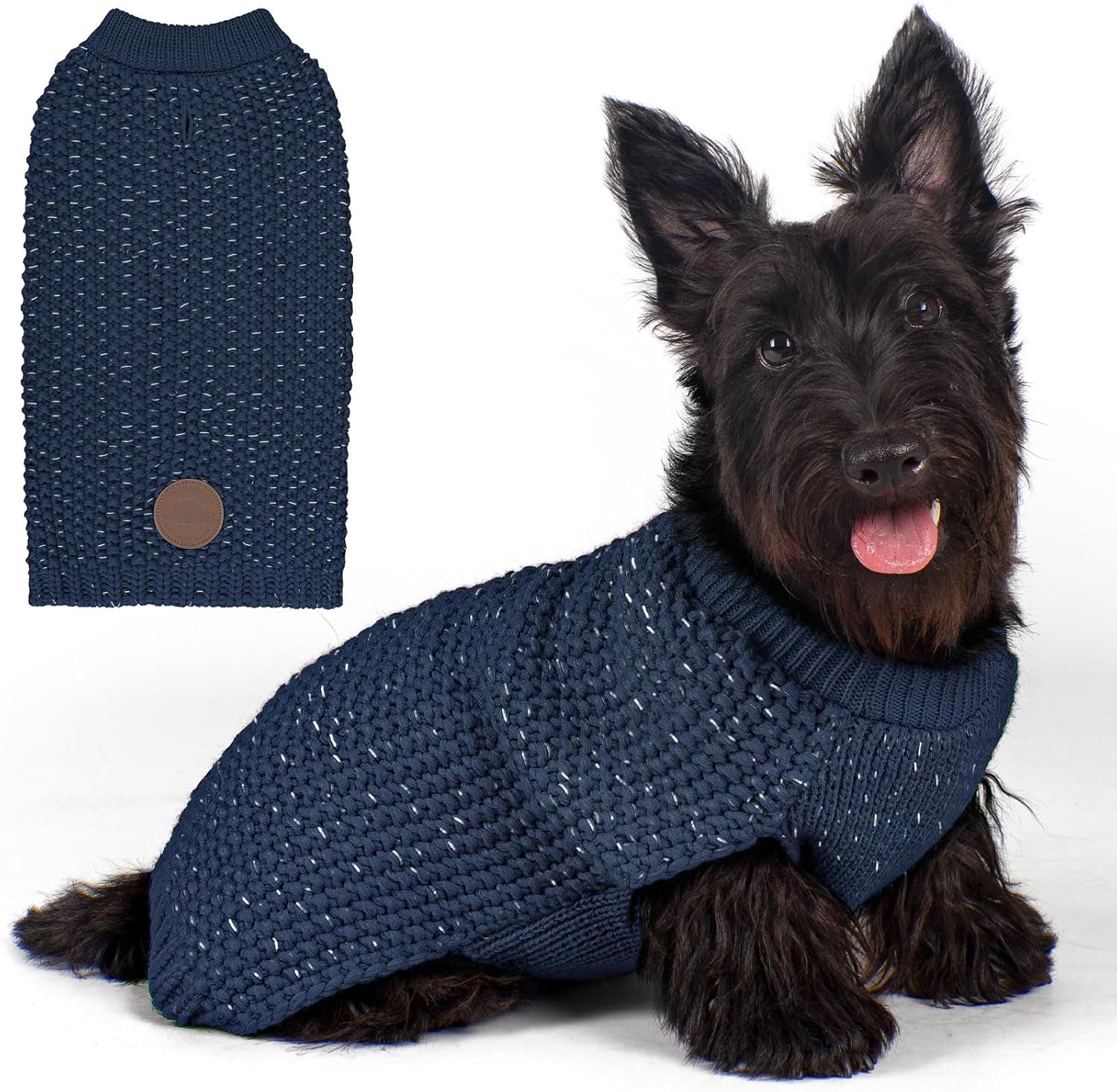 Warm Pullover Dog Sweater with Leash Hole and Reflective Yarn for Small to Medium Male Dogs - Cozy Lightweight Knit Coat in Navy Blue, Medium Size
