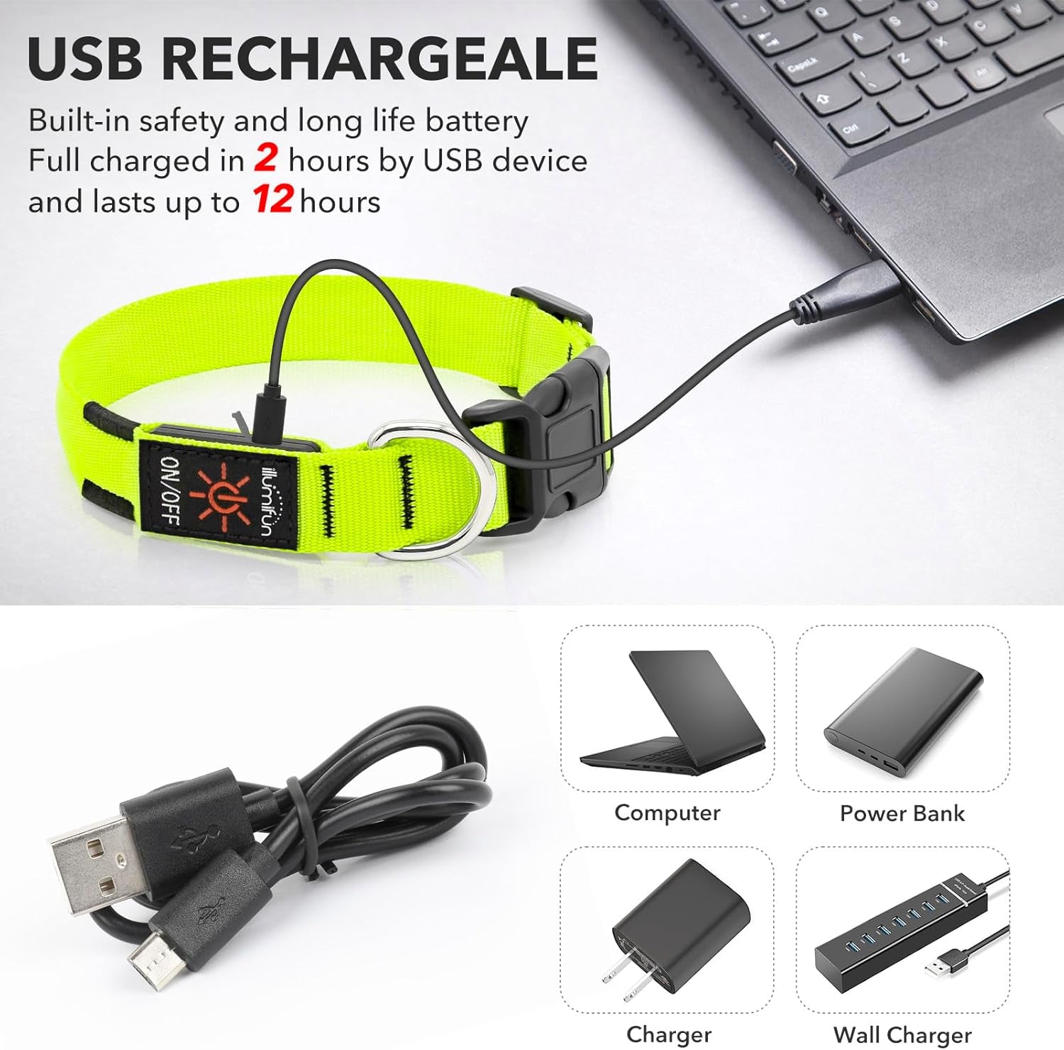 Rechargeable LED Dog Collar - Glow-in-the-Dark Safety Light for Night Walking and Camping (Green, Large)