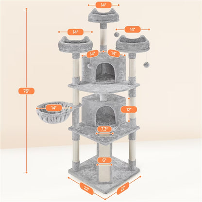 Spacious 76-Inch Light Gray Multilevel Cat Tree Tower with Cozy Condos and Perches