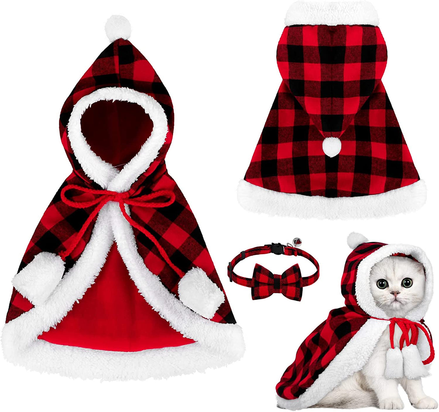 Red and Black Buffalo Plaid Santa Cape Costume for Cats and Dogs with Xmas Hat, Collar with Bell, and Bowtie - Medium Size Pet Outfit for Christmas Parties and Cosplay