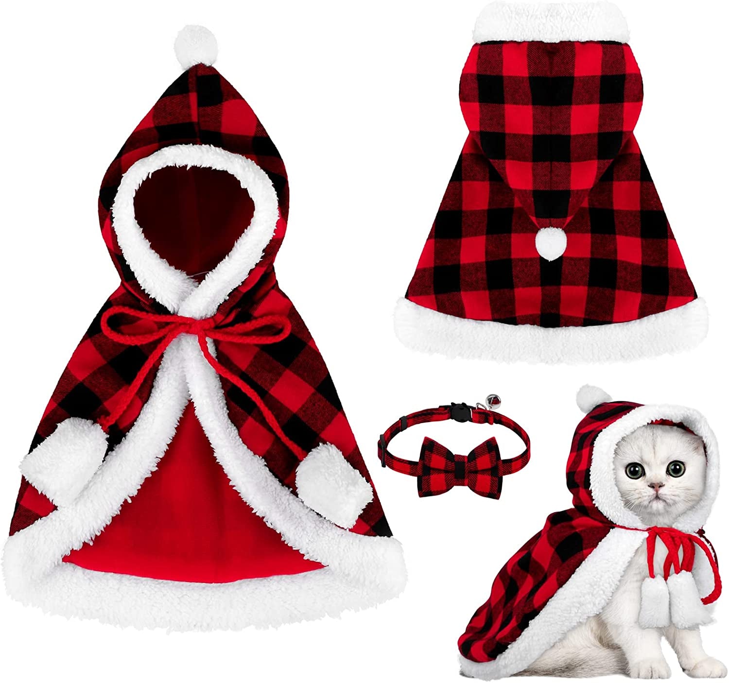 Red and Black Buffalo Plaid Santa Cape Costume for Cats and Dogs with Xmas Hat, Collar with Bell, and Bowtie - Medium Size Pet Outfit for Christmas Parties and Cosplay
