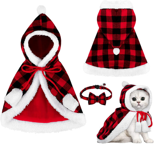 Red and Black Buffalo Plaid Santa Cape Costume for Cats and Dogs with Xmas Hat, Collar with Bell, and Bowtie - Medium Size Pet Outfit for Christmas Parties and Cosplay