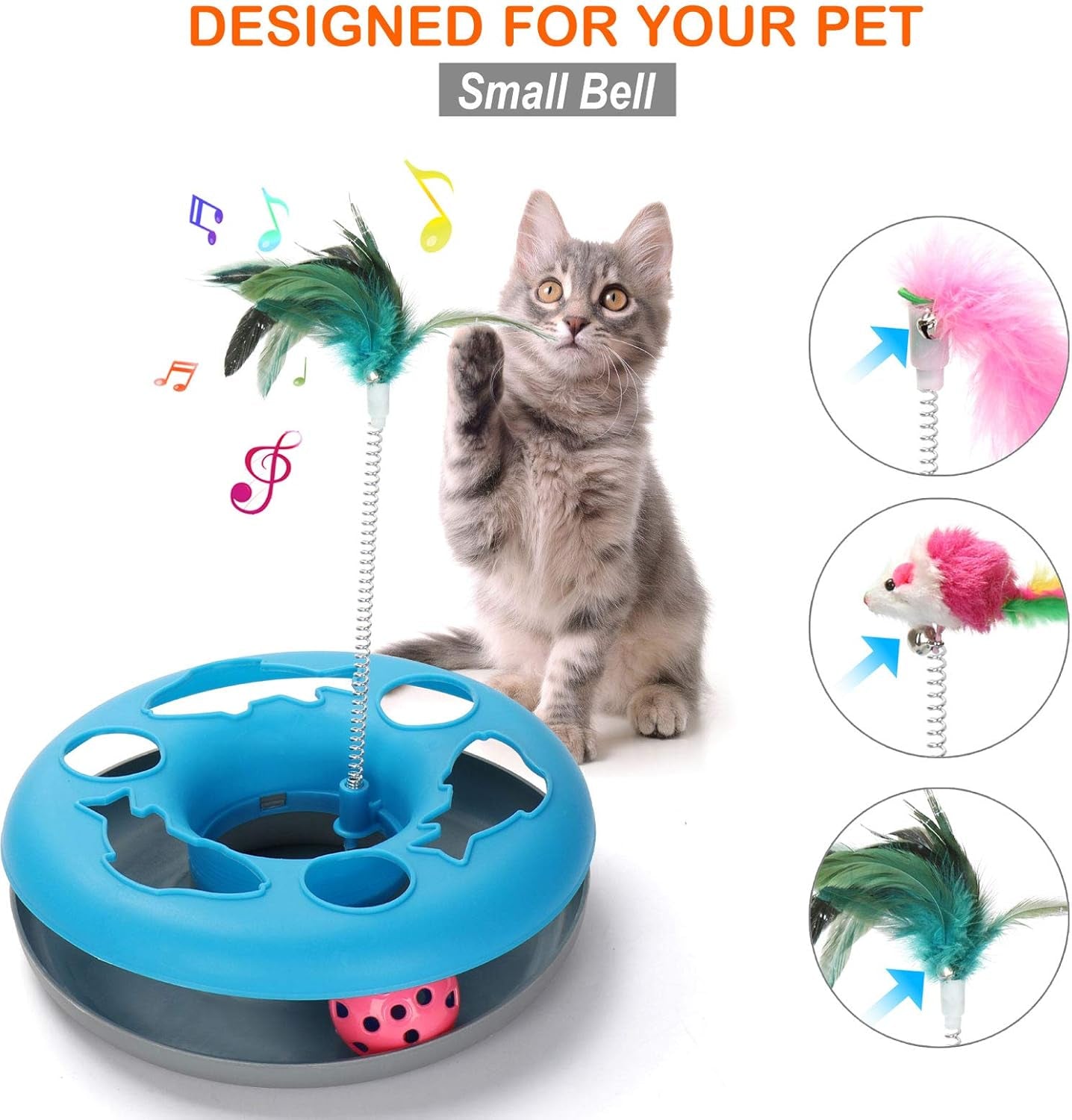 3-in-1 Interactive Cat Toy with Exercise Balls and Teaser Mouse, Includes 5 Removable Spring Replacements - Blue